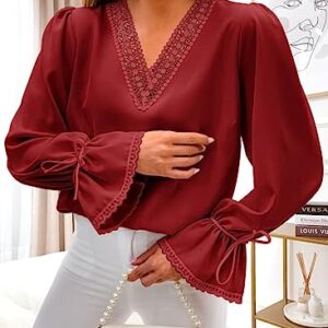 Dokotoo Fall Blouses for Women Long Sleeve Shirts Lace Trim V Neck Chiffon Solid Color Tunic Tops Loose Fit Stylish Burgundy Tops Casual Spring Summer Flowy Work Shirts Large