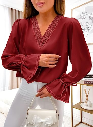 Dokotoo Fall Blouses for Women Long Sleeve Shirts Lace Trim V Neck Chiffon Solid Color Tunic Tops Loose Fit Stylish Burgundy Tops Casual Spring Summer Flowy Work Shirts Large