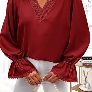 Dokotoo Fall Blouses for Women Long Sleeve Shirts Lace Trim V Neck Chiffon Solid Color Tunic Tops Loose Fit Stylish Burgundy Tops Casual Spring Summer Flowy Work Shirts Large