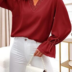 Dokotoo Fall Blouses for Women Long Sleeve Shirts Lace Trim V Neck Chiffon Solid Color Tunic Tops Loose Fit Stylish Burgundy Tops Casual Spring Summer Flowy Work Shirts Large