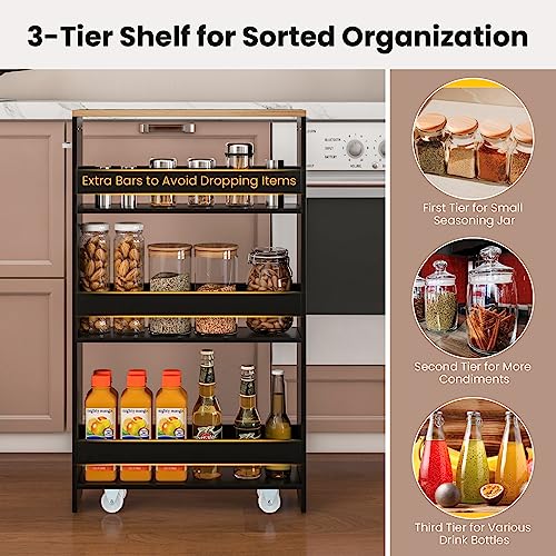 GLOBALWAY 4 Tier Slim Storage Cart, Mobile Shelving Unit Organizer with Wheels & Handle, Rolling Utility Cart for Kitchen Bathroom Laundry Narrow Places, Space Saving