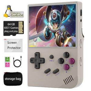 rg35xx handheld game console support linux garlic os hdmi and tv output 3.5 inch ips screen 64g tf card 6831 classic games 2600mah battery (rg35xx-gray+bag)