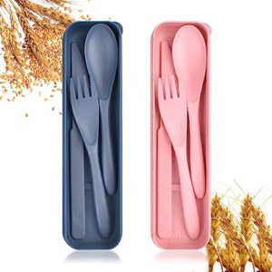 travel utensil set with case, 2 sets forks spoons and knives set, wheat straw reusable plastic utensils, portable cutlery set, bpa free lunch box utensils set for work, dorm, camping (pink, blue)
