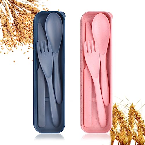 Travel Utensil Set with Case, 2 Sets Forks Spoons and Knives Set, Wheat Straw Reusable Plastic Utensils, Portable Cutlery Set, BPA Free Lunch Box Utensils Set for Work, Dorm, Camping (Pink, Blue)