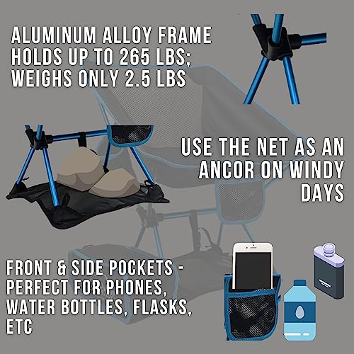 ER EZ - Ultralight Folding Camping Chair, Heavy Duty Portable Compact for Outdoor Camp, Travel, Beach, Picnic, Festival, Hiking, Lightweight Backpacking - Includes Free Sand Net! (Blue)
