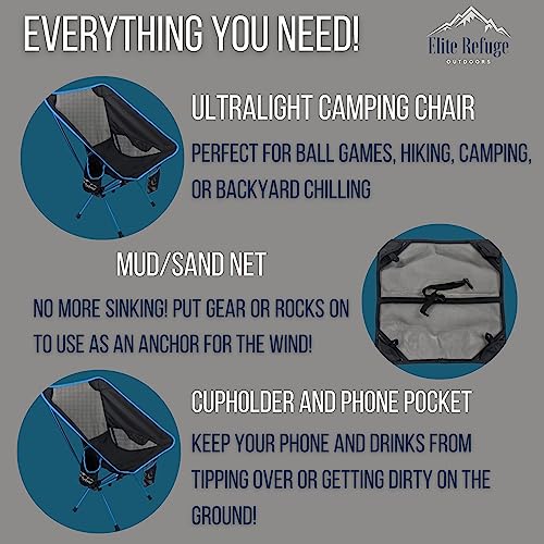 ER EZ - Ultralight Folding Camping Chair, Heavy Duty Portable Compact for Outdoor Camp, Travel, Beach, Picnic, Festival, Hiking, Lightweight Backpacking - Includes Free Sand Net! (Blue)