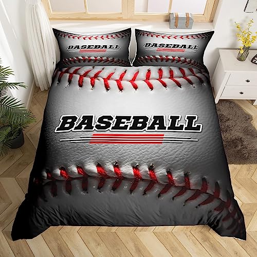 Manfei White Baseball Kids Duvet Cover Set Full Size, Sports Theme Comforter Cover with 2 Pillowcases, 3D Ball Gaming Bedding Set 3pcs for Boys Girls Teens Bedroom Decor Lightweight Bedspread Cover