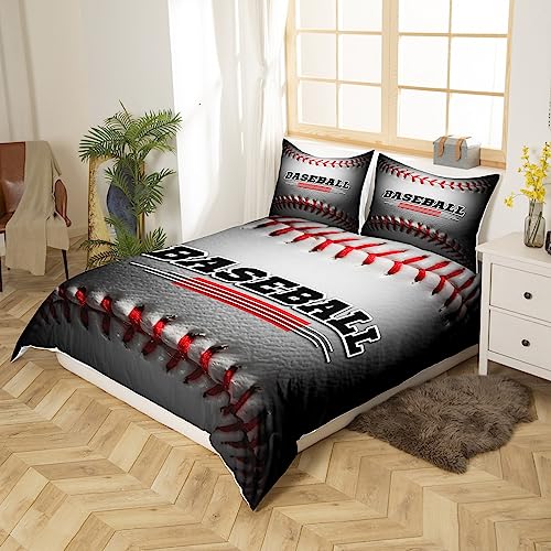 Manfei White Baseball Kids Duvet Cover Set Full Size, Sports Theme Comforter Cover with 2 Pillowcases, 3D Ball Gaming Bedding Set 3pcs for Boys Girls Teens Bedroom Decor Lightweight Bedspread Cover