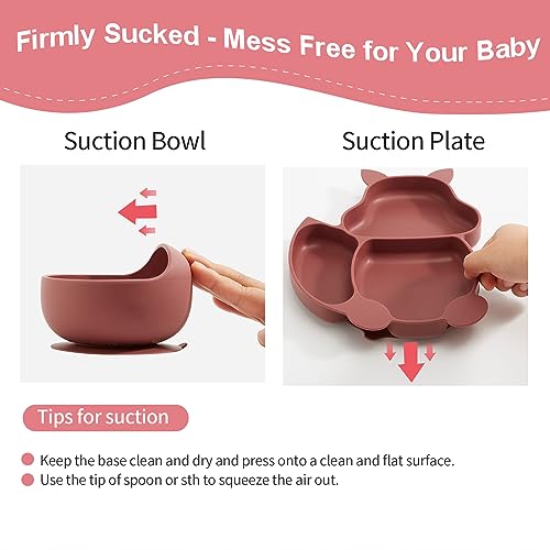 Silicone Baby Feeding Set, Baby Led Weaning Supplies with Suction Plate and Bowl, Toddler Plates and Bowls Set with Spoons Forks Sippy Cup Adjustable Bib, Eating Utensils