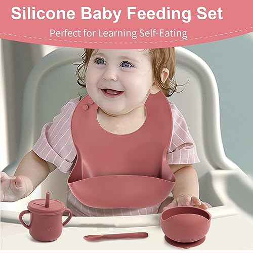 Silicone Baby Feeding Set, Baby Led Weaning Supplies with Suction Plate and Bowl, Toddler Plates and Bowls Set with Spoons Forks Sippy Cup Adjustable Bib, Eating Utensils