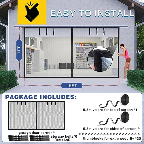 Garage Door Screen for 2 Car 16x7FT, Retractable Magnetic Garage Screen Doors for 2 Car Garage Fiberglass Mesh Heavy Duty 5.2LB Hands Free Screen Door