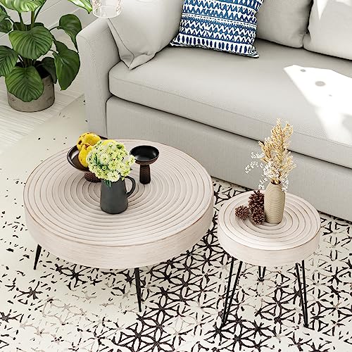 COZAYH 2-Piece Modern Farmhouse Living Room Coffee Table Set, Round Table Natural Finish with Handcrafted Wood Ring Motif, White