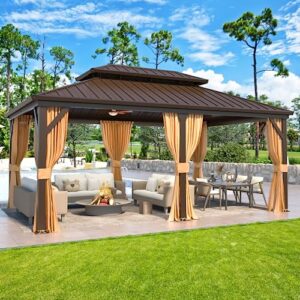 yoleny 12' x 18' gazebo, hardtop gazebo with aluminum frame, double galvanized steel roof, curtains and netting included, metal gazebos pergolas for patios, garden, lawns, parties