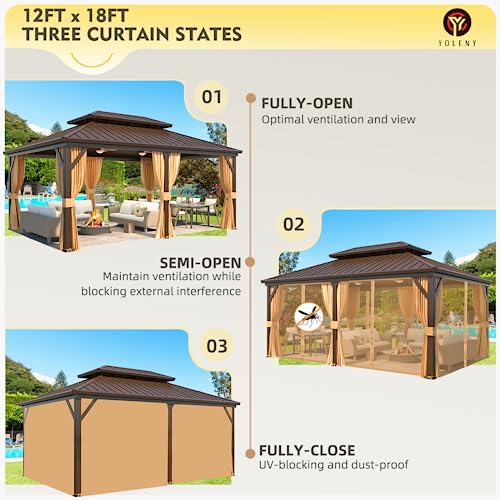 YOLENY 12' x 18' Gazebo, Hardtop Gazebo with Aluminum Frame, Double Galvanized Steel Roof, Curtains and Netting Included, Metal Gazebos Pergolas for Patios, Garden, Lawns, Parties