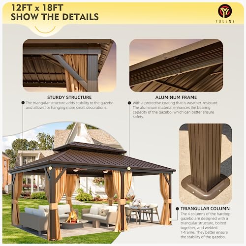 YOLENY 12' x 18' Gazebo, Hardtop Gazebo with Aluminum Frame, Double Galvanized Steel Roof, Curtains and Netting Included, Metal Gazebos Pergolas for Patios, Garden, Lawns, Parties