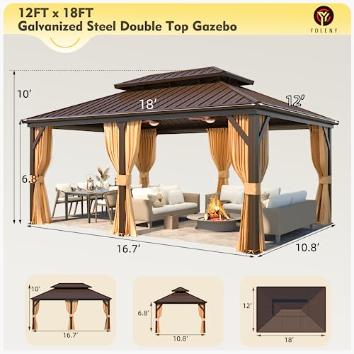 YOLENY 12' x 18' Gazebo, Hardtop Gazebo with Aluminum Frame, Double Galvanized Steel Roof, Curtains and Netting Included, Metal Gazebos Pergolas for Patios, Garden, Lawns, Parties