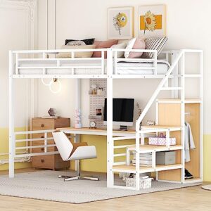citylight full size loft bed with staircase and desk, metal loft bed frame with wardrobe and storage shelves, full loft bed with desk for kids, teens, boys & girls (full, white)