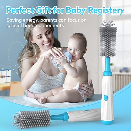 ZRFMIB Electric Bottle Brush Set with Baby Bottle Brush, 2 Nipple Brush, Straw Brush and Extension Handle, Rechargeable Bottle Brush Cleaner, for New Baby Family,Blue