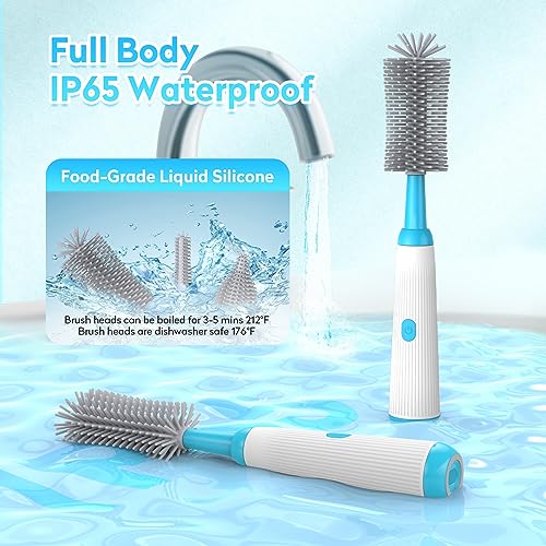 ZRFMIB Electric Bottle Brush Set with Baby Bottle Brush, 2 Nipple Brush, Straw Brush and Extension Handle, Rechargeable Bottle Brush Cleaner, for New Baby Family,Blue