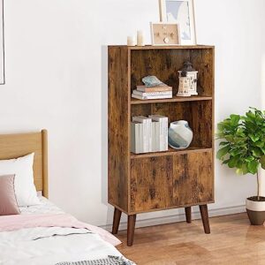 Wonder Comfort Wood 3-Tier Bookshelf with 1 Door and 2 Open Shelves, Mid-Century Rustic Brown Bookcase for Books and Decorations in Living Room Office Bedroom,24 W x 12 D x 47 H Inch