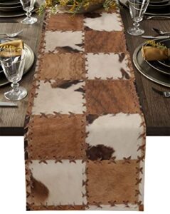 western style cowhide leather animal hair vintage splicing grid table runner dresser scarves, 13x36in non-slip table dress scarf wildlife kitchen dinner tables decor for dining room/banquet/party