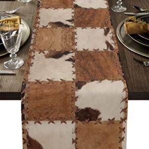 Western Style Cowhide Leather Animal Hair Vintage Splicing Grid Table Runner Dresser Scarves, 13x36In Non-Slip Table Dress Scarf Wildlife Kitchen Dinner Tables Decor for Dining Room/Banquet/Party