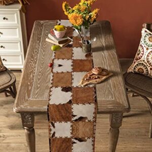 Western Style Cowhide Leather Animal Hair Vintage Splicing Grid Table Runner Dresser Scarves, 13x36In Non-Slip Table Dress Scarf Wildlife Kitchen Dinner Tables Decor for Dining Room/Banquet/Party