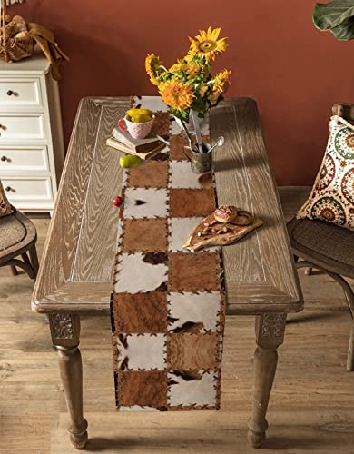 Western Style Cowhide Leather Animal Hair Vintage Splicing Grid Table Runner Dresser Scarves, 13x36In Non-Slip Table Dress Scarf Wildlife Kitchen Dinner Tables Decor for Dining Room/Banquet/Party