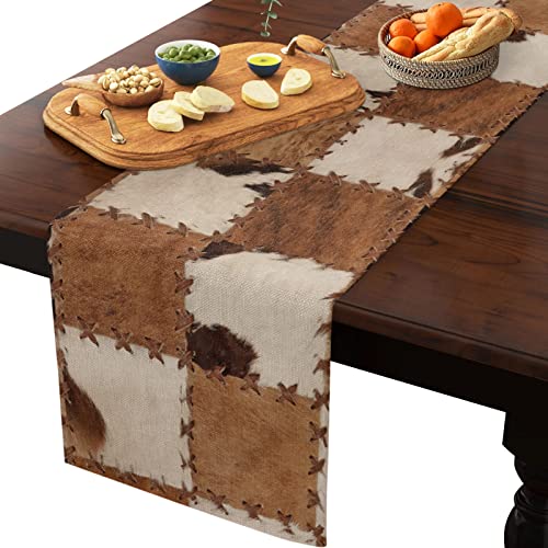 Western Style Cowhide Leather Animal Hair Vintage Splicing Grid Table Runner Dresser Scarves, 13x36In Non-Slip Table Dress Scarf Wildlife Kitchen Dinner Tables Decor for Dining Room/Banquet/Party