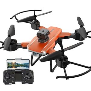 folding dual 4k hd aerial drone, fpv camera remote control toy for boys girls, obstacle avoidance optical flow positioning remote control quadcopter, headless mode, one button start speed control (orange)