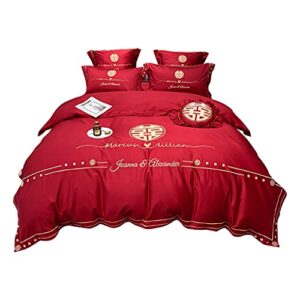 OQHAIR 60 Long-Staple Cotton Double Happiness Embroidered Four-Piece Set Red Cotton Duvet Cover Bed Cover Wedding Simple Bedding (Color : B 5-Piece Suit, Size : 1.5m) (A 7 Piece Suit)