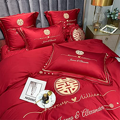 OQHAIR 60 Long-Staple Cotton Double Happiness Embroidered Four-Piece Set Red Cotton Duvet Cover Bed Cover Wedding Simple Bedding (Color : B 5-Piece Suit, Size : 1.5m) (A 7 Piece Suit)