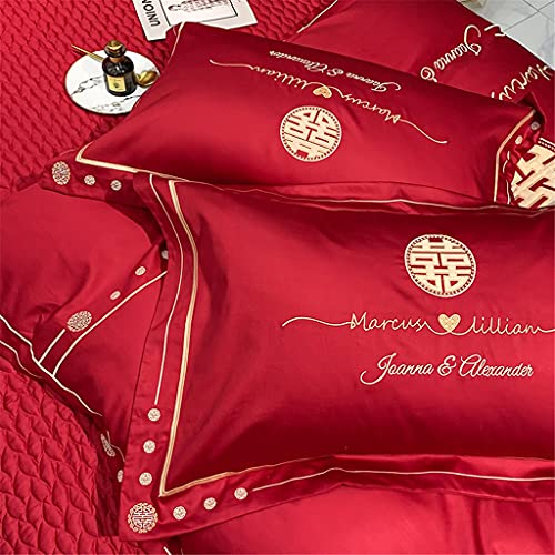 OQHAIR 60 Long-Staple Cotton Double Happiness Embroidered Four-Piece Set Red Cotton Duvet Cover Bed Cover Wedding Simple Bedding (Color : B 5-Piece Suit, Size : 1.5m) (A 7 Piece Suit)