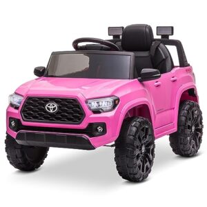 kidzone 12v ride on truck, battery powered licensed toyota tacoma electric car for kids, electric vehicle toy with remote control, 3 speeds, mp3, horn, led lights, suspension system - pink