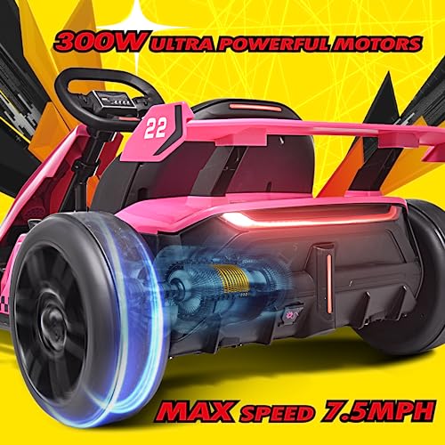 Blitzshark 24V Kids Go Kart 300W Powerful Electric Pedal Go Kart Outdoor Race Toy for Kids, with 2X150W Strong Motors, Drift/Sports Mode, EVA Tires, Brake Pedal, 4-Level Length Adjustment, Pink