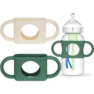 wide neck bottle handles for dr brown, 2 pack baby bottle holder 100% silicone, bpa free, dishwasher safe, baby grasp teaching, hands free feeding, white and green