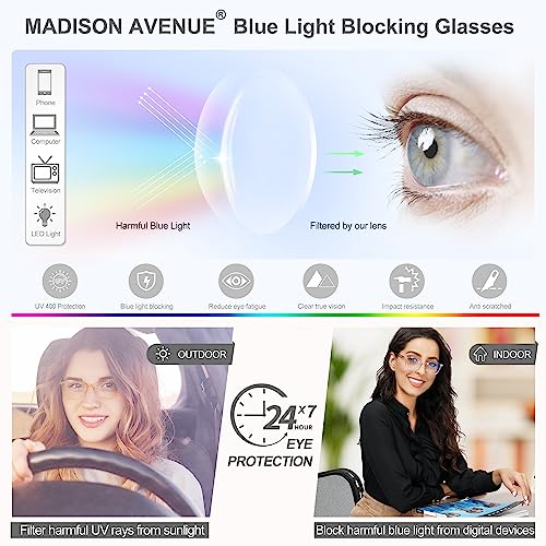 Madison Avenue Blue Light Blocking Glasses Anti Eyestrain UV Glare Blue Light Glasses for Women TV Phone Computer Gaming Eyeglasses (Transparent Grey)