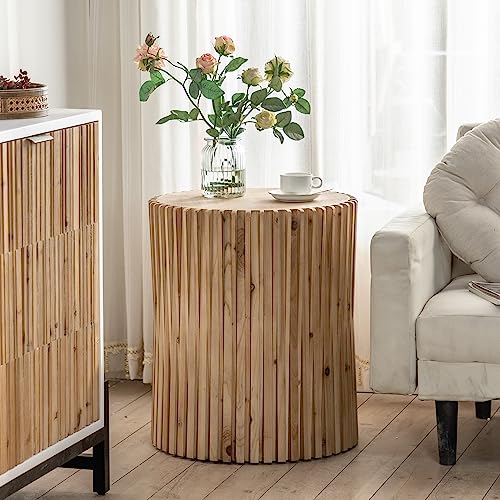 WILLIAMSPACE Farmhouse Round Side Table End Table with Vertical Texture Relief Design, Wood Small Retro Cylindrical Coffee Table for Living Room Apartment, ø20.47" x 24.02"