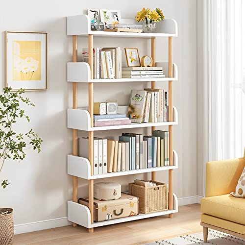 OSCHF 5-Tier Wooden Open Bookcase - Modern Freestanding Bookshelf with Side Panels and Solid Wood Frame for Home and Office, Shelf Unit in Warm White