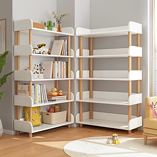 OSCHF 5-Tier Wooden Open Bookcase - Modern Freestanding Bookshelf with Side Panels and Solid Wood Frame for Home and Office, Shelf Unit in Warm White