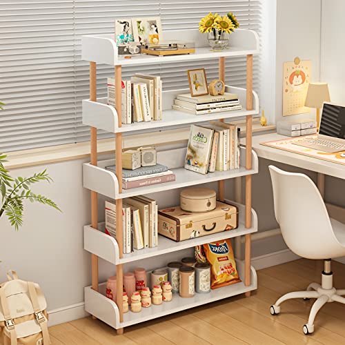 OSCHF 5-Tier Wooden Open Bookcase - Modern Freestanding Bookshelf with Side Panels and Solid Wood Frame for Home and Office, Shelf Unit in Warm White