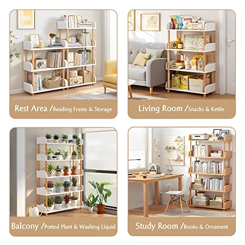 OSCHF 5-Tier Wooden Open Bookcase - Modern Freestanding Bookshelf with Side Panels and Solid Wood Frame for Home and Office, Shelf Unit in Warm White