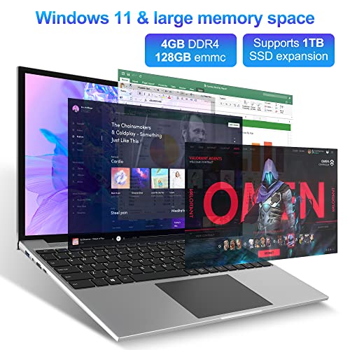 jumper Laptop, Quad-Core Intel Celeron CPU, 4GB RAM 128GB EMMC, 16“ FHD IPS 1920x1200 Screen, Windows 11 Laptop Computer with Office 1-Year Subscription, 4 Speakers, 2.4/5G WiFi, Expandable 1TB SSD.