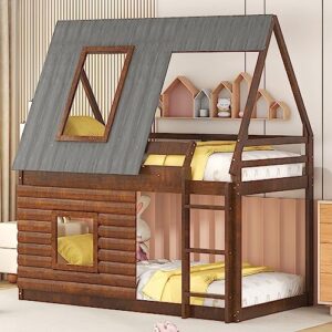 merax twin over twin bunk bed wood frame with roof, ladder and 2 windows for kids teens girls boys，oak & smoky grey