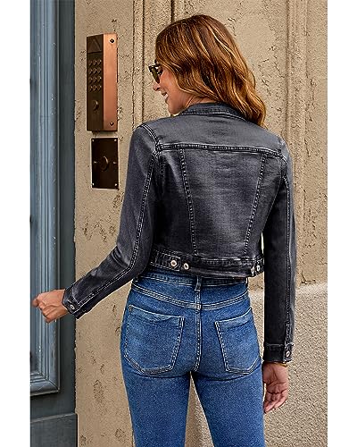 luvamia Womens Fashion Long Sleeve Button Down Stretchy Denim Jean Jacket Denim Jacket For Women Shirt Jacket Women Women Clothing Faded Black Size Small Fits Size 4 / Size 6