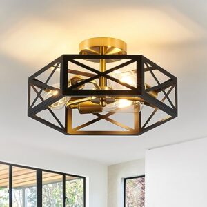 xsdetu modern flush mount ceiling light, 3-light black gold hallway light fixtures ceiling mount, industrial close to ceiling light with metal hexagon cage ceiling lamp for kitchen
