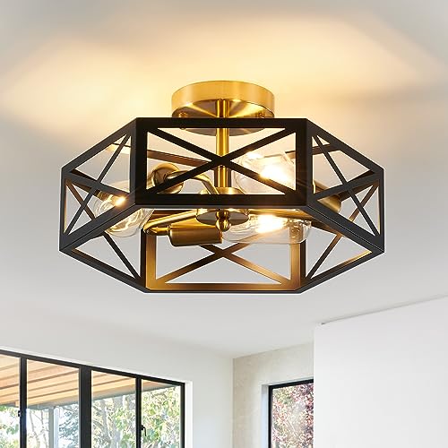 XSDeTu Modern Flush Mount Ceiling Light, 3-Light Black Gold Hallway Light Fixtures Ceiling Mount, Industrial Close to Ceiling Light with Metal Hexagon Cage Ceiling Lamp for Kitchen