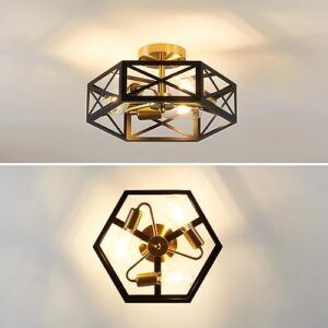 XSDeTu Modern Flush Mount Ceiling Light, 3-Light Black Gold Hallway Light Fixtures Ceiling Mount, Industrial Close to Ceiling Light with Metal Hexagon Cage Ceiling Lamp for Kitchen