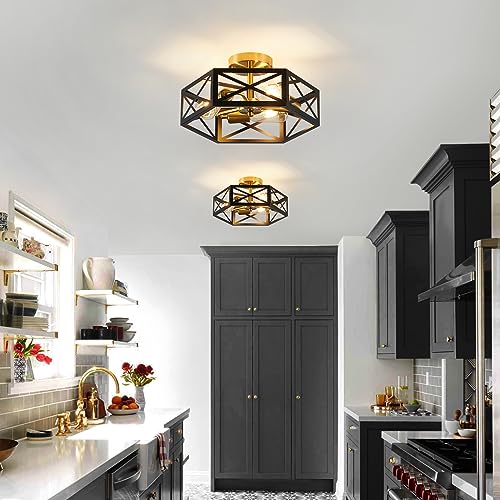 XSDeTu Modern Flush Mount Ceiling Light, 3-Light Black Gold Hallway Light Fixtures Ceiling Mount, Industrial Close to Ceiling Light with Metal Hexagon Cage Ceiling Lamp for Kitchen