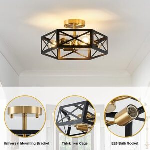 XSDeTu Modern Flush Mount Ceiling Light, 3-Light Black Gold Hallway Light Fixtures Ceiling Mount, Industrial Close to Ceiling Light with Metal Hexagon Cage Ceiling Lamp for Kitchen